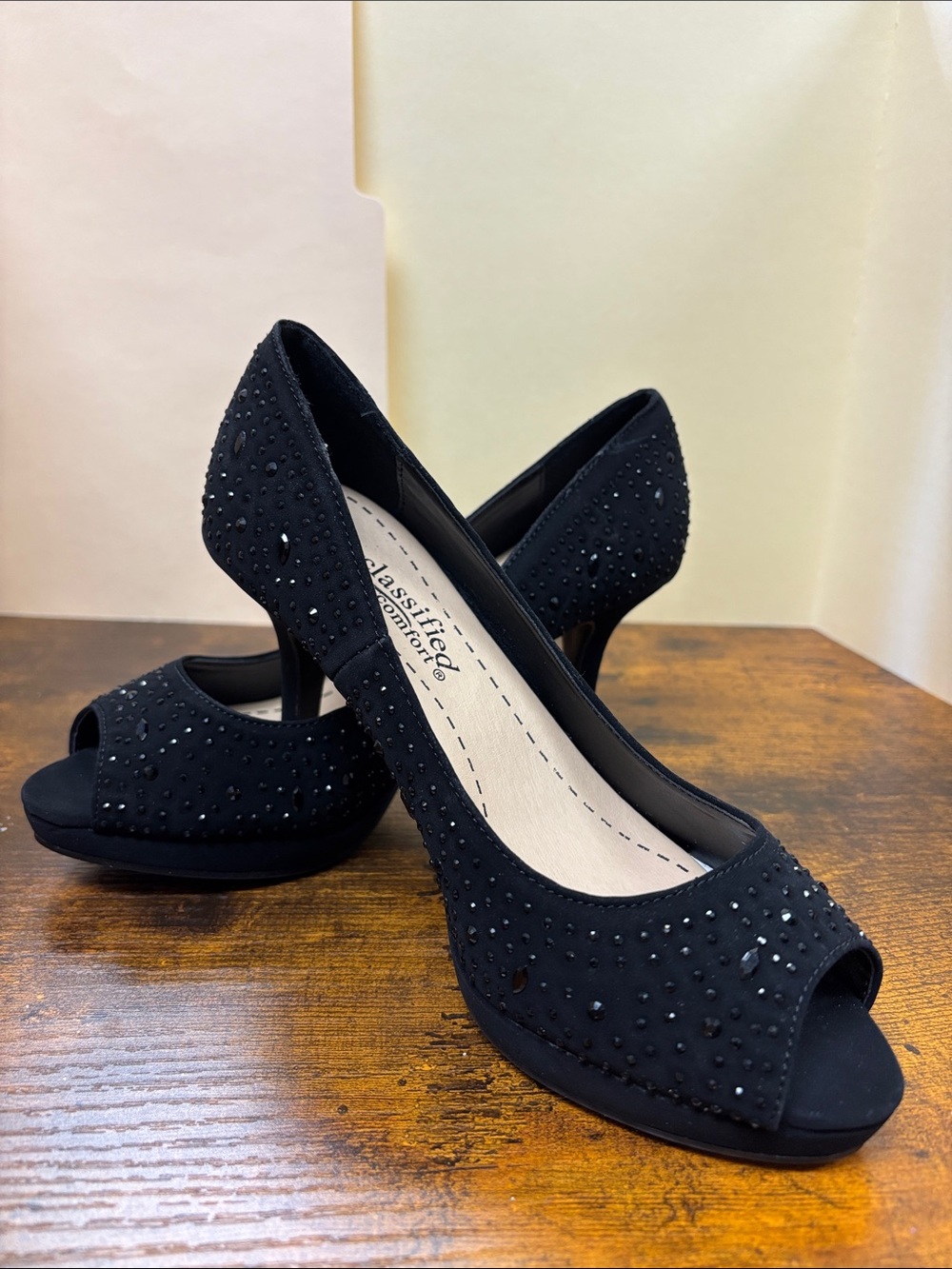 Classified Black Crystal-Embellished Peep-Toe Heels
